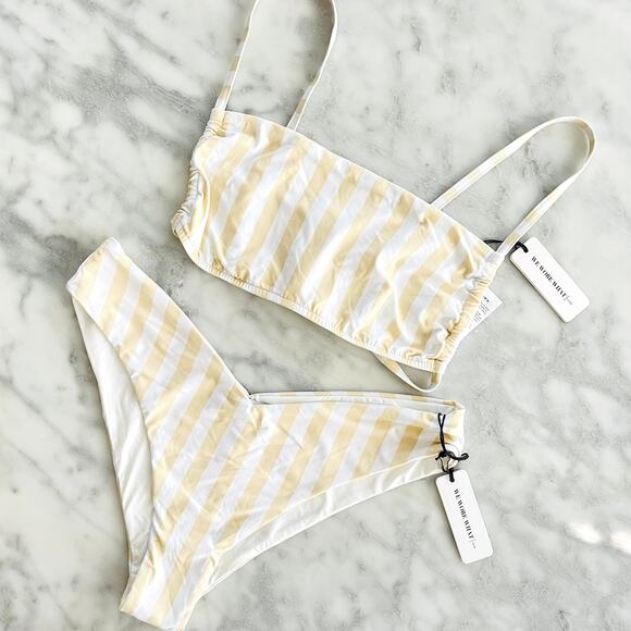 WeWoreWhat Leigh Bikini Top White/Shortbread Macro Stripe Delilah Bottom S/M - Picture 1 of 7